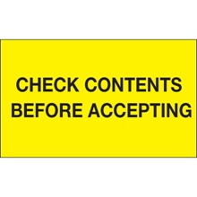 3 x 5" - "Check Contents Before Accepting" (Fluorescent Yellow) Labels